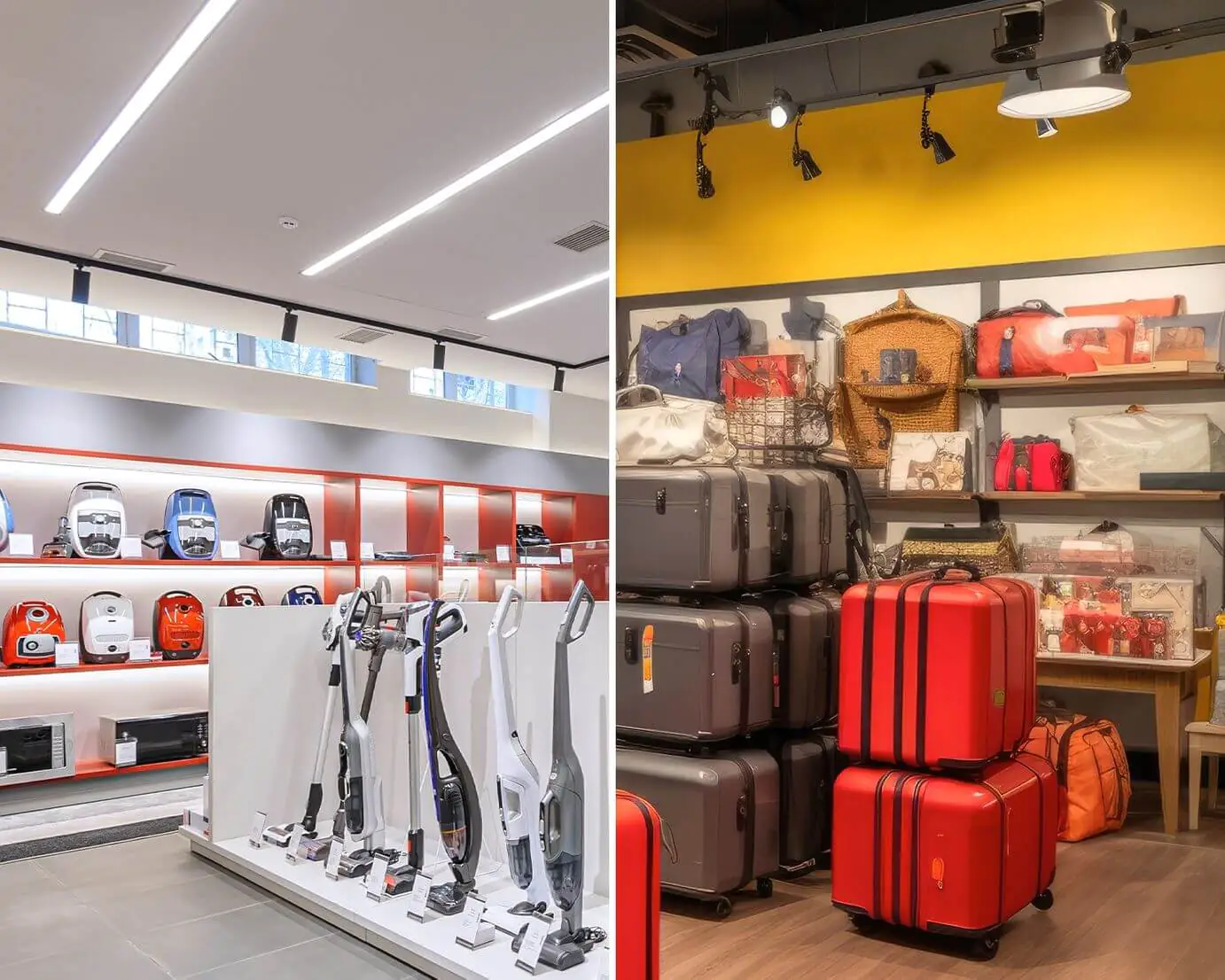 Elektrofachhandel (AdobeStock/starush), Gep&auml;ckst&uuml;cke im Gesch&auml;ft (AdobeStock/didiksaputra),